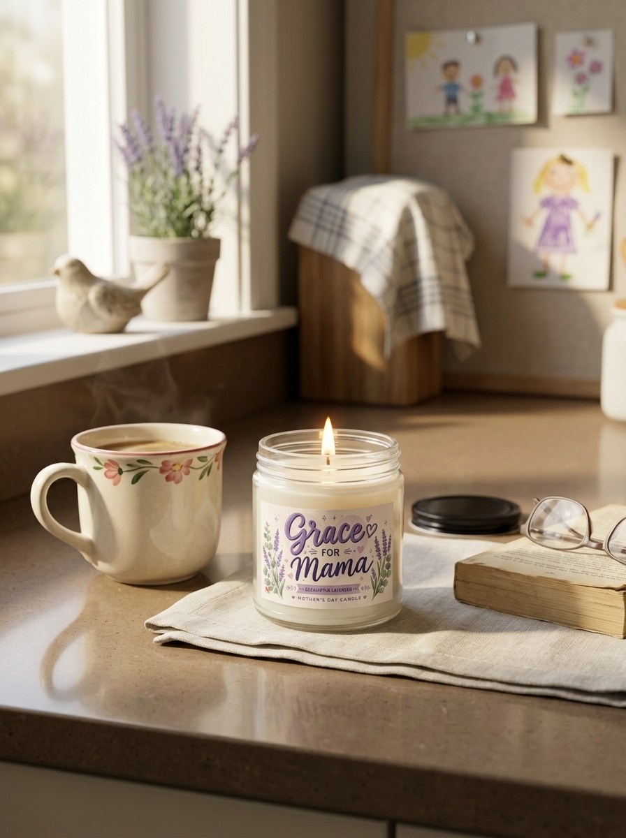 Lavender "Grace for Mama" Soy Candle — 4oz & 9oz Amber Jar with Black Lid