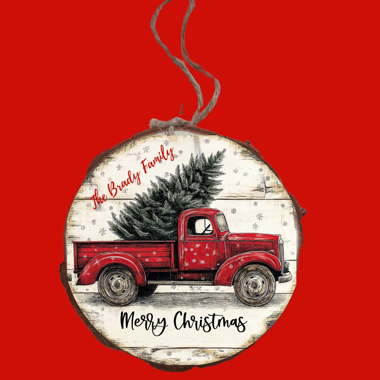 Personalized Red Vintage Truck Family Christmas Ornament