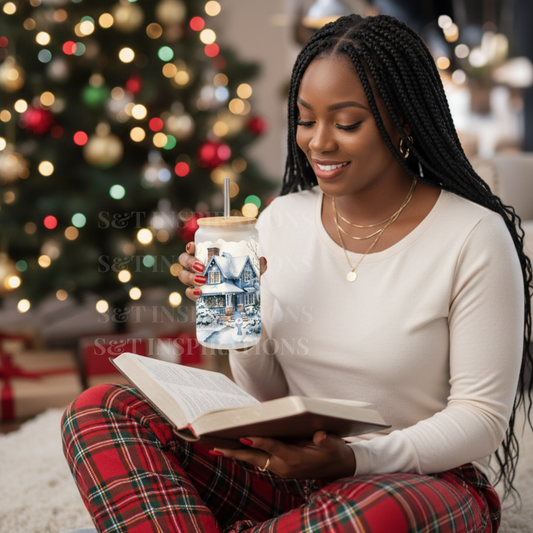 Winter Wonderland Frosted Glass Tumbler with Snowy Village Design & Bamboo  Lid